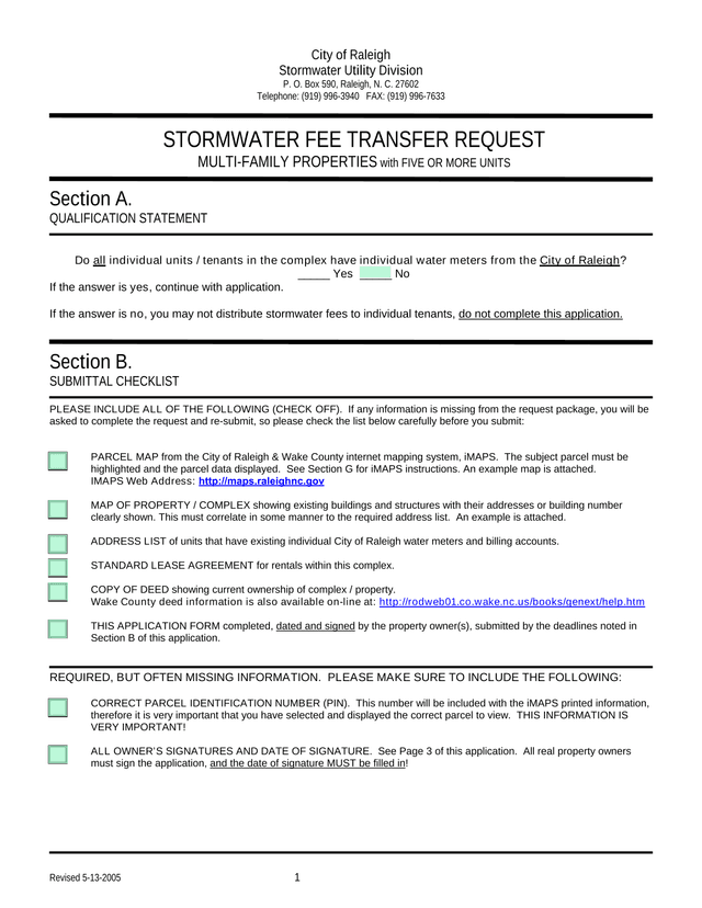 Stormwater Fee Transfer Request screenshot