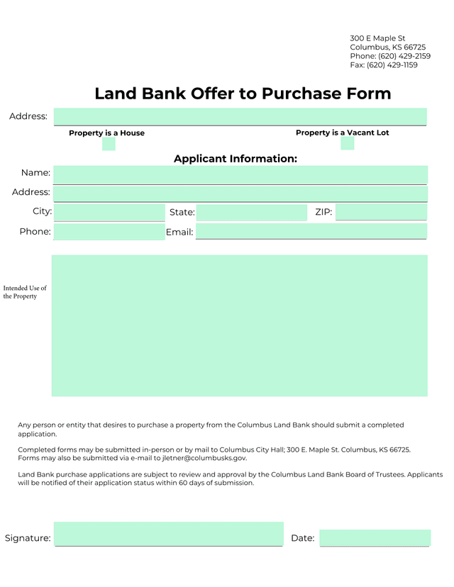 Land Bank Offer To Purchase Form screenshot