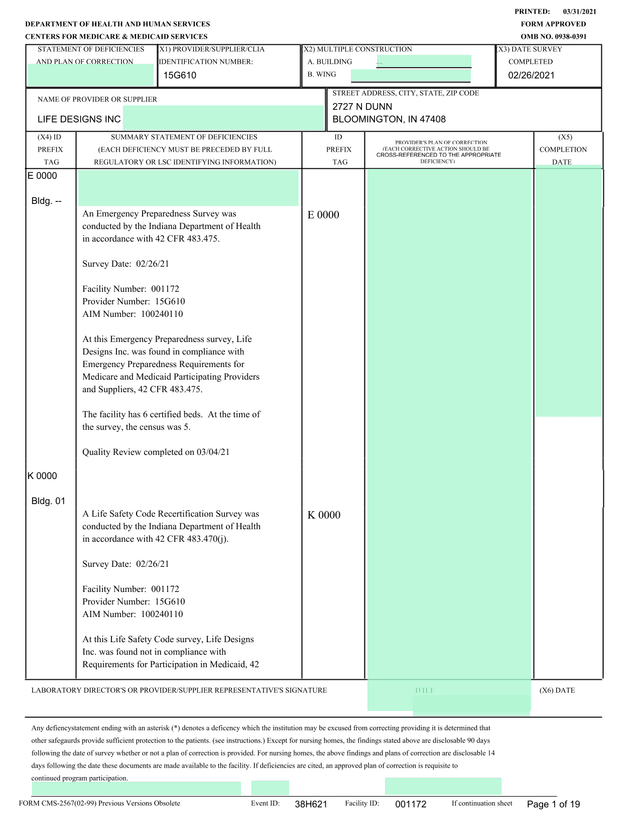 STATEMENT OF DEFICIENCIES AND PLAN OF CORRECTION screenshot