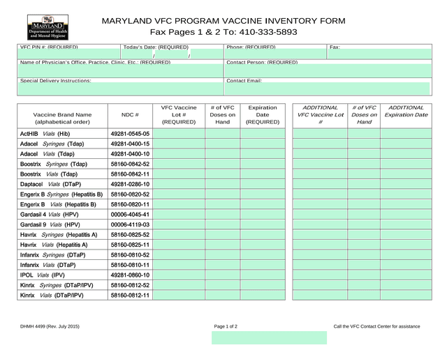 MARYLAND VFC PROGRAM VACCINE INVENTORY FORM screenshot