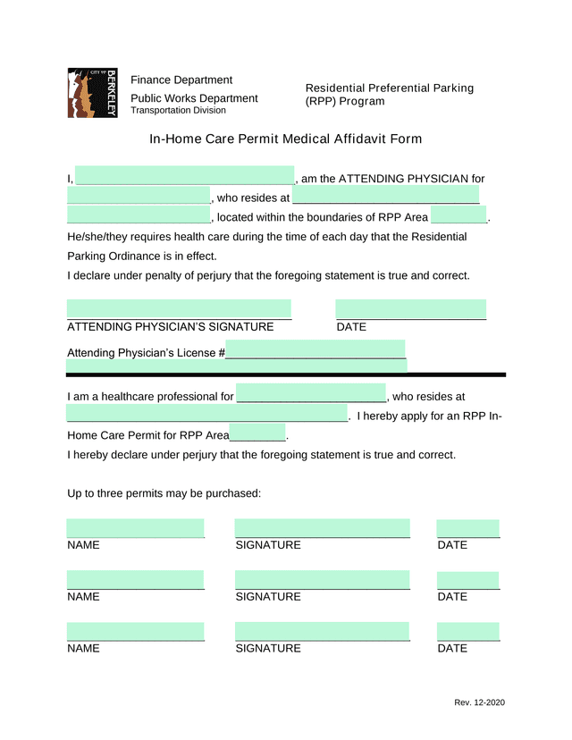 In Home Care Permit Medical Affidavit Form screenshot