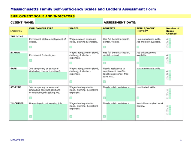 Massachusetts Family Self Sufficiency Scales And Ladders Assessment Form screenshot