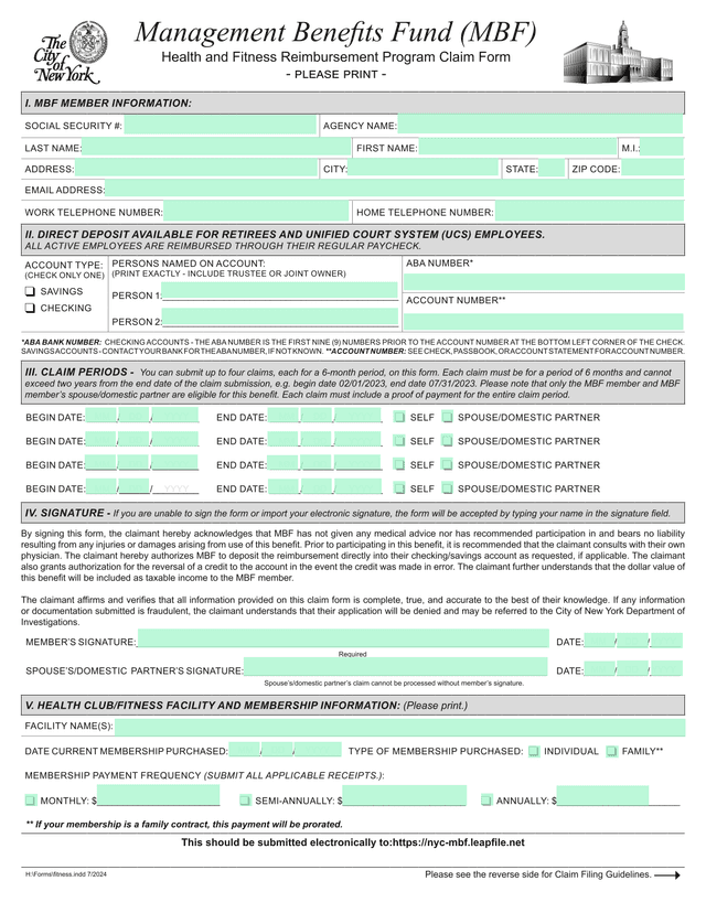 Management Benefits Fund (MBF) Health And Fitness Reimbursement Program Claim Form screenshot