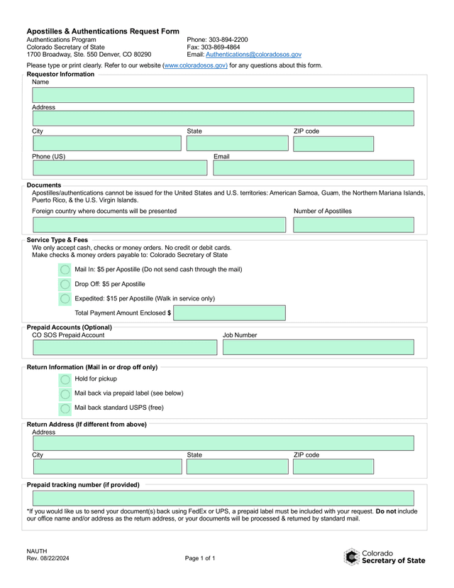 Apostilles  Authentications Request Form screenshot