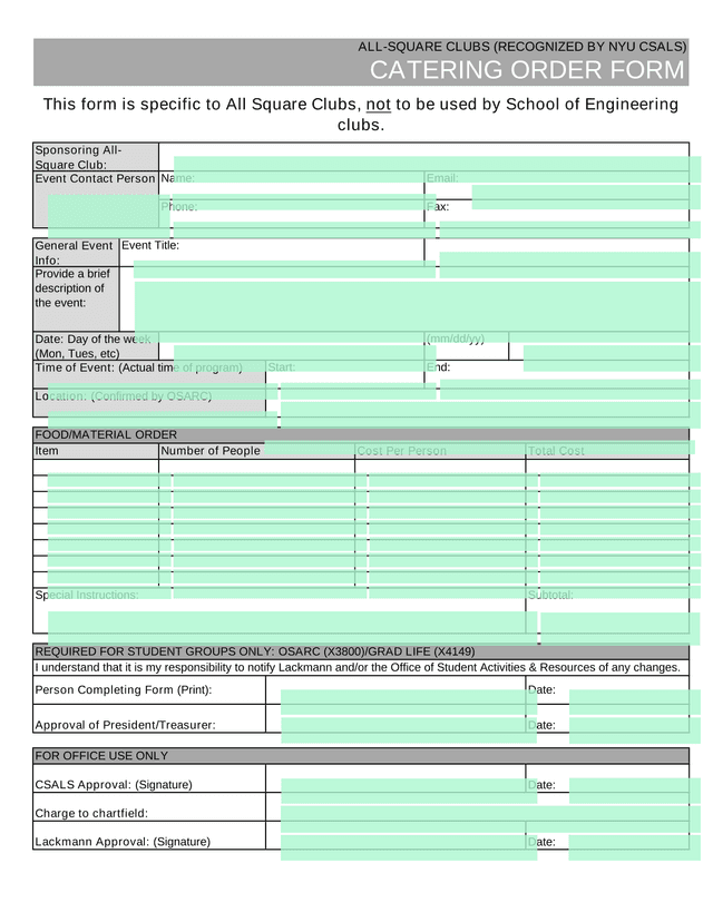 Catering Order Form For All Square Clubs screenshot