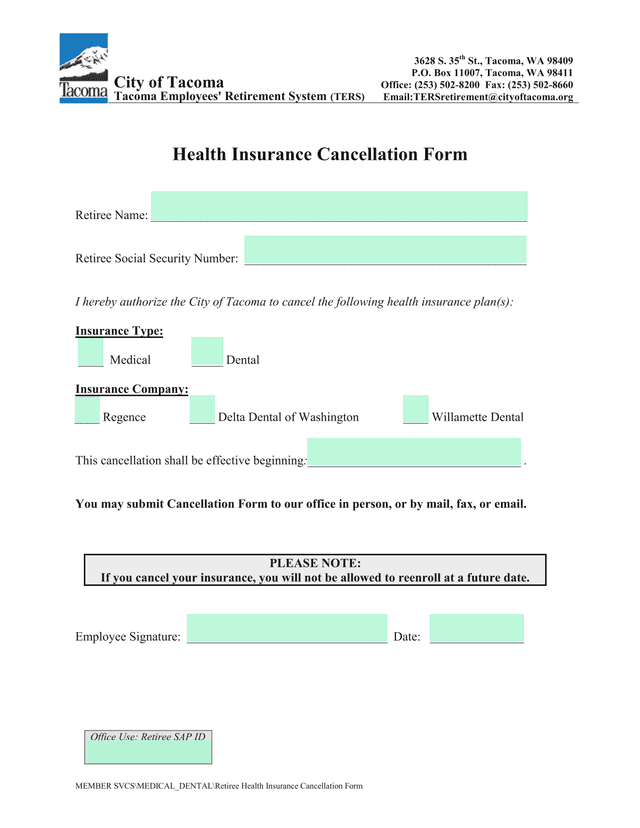 Health Insurance Cancellation Form screenshot