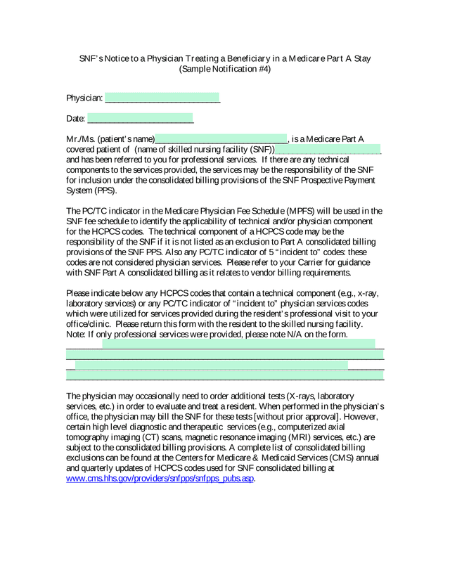 SNFS Notice To A Physician Treating A Beneficiary In A Medicare Part A Stay (Sample Notification 4) screenshot