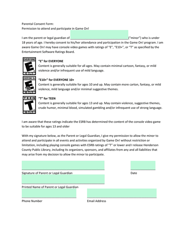 Parental Consent Form Permission To Attend And Participate In Game On screenshot