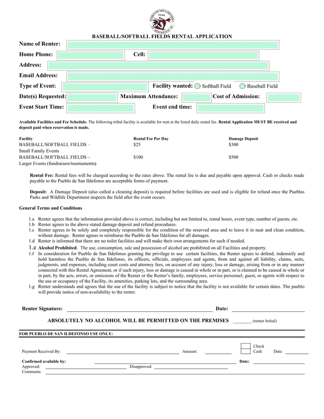 BaseballSoftball Fields Rental Application screenshot