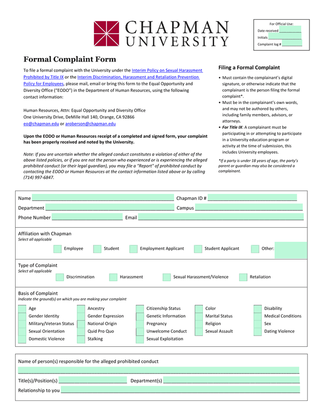 Formal Complaint Form screenshot
