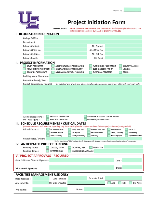 Project Initiation Form screenshot