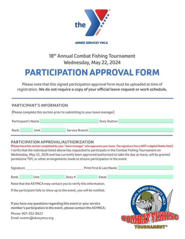 18th Annual Combat Fishing Tournament Participation Approval Form screenshot