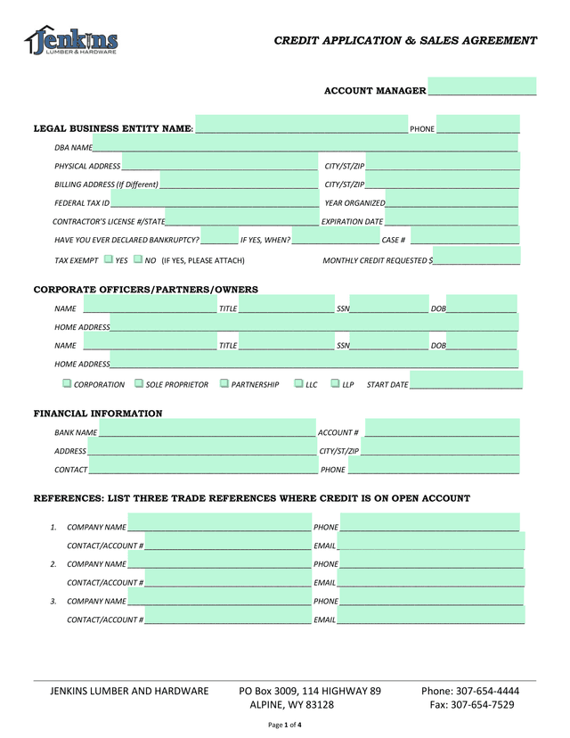 Credit Application  Sales Agreement screenshot
