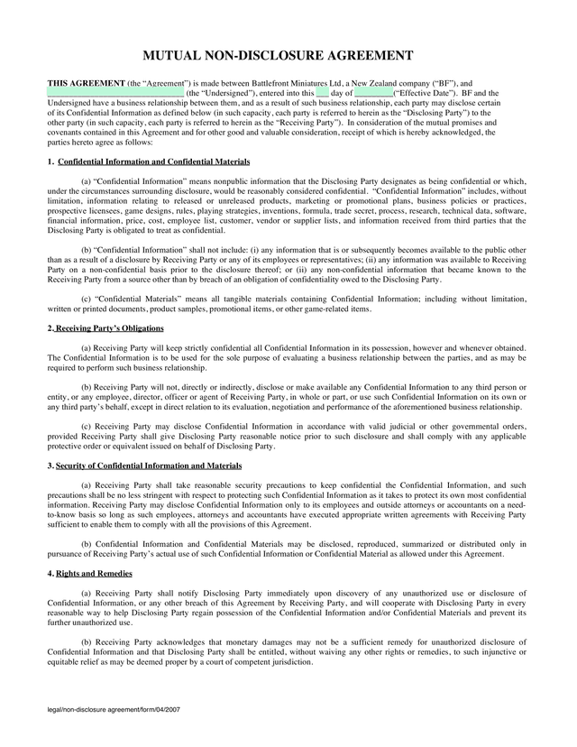 Mutual Non Disclosure Agreement screenshot