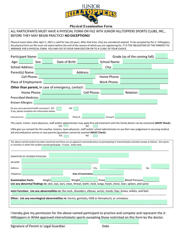 Physical Examination Form screenshot