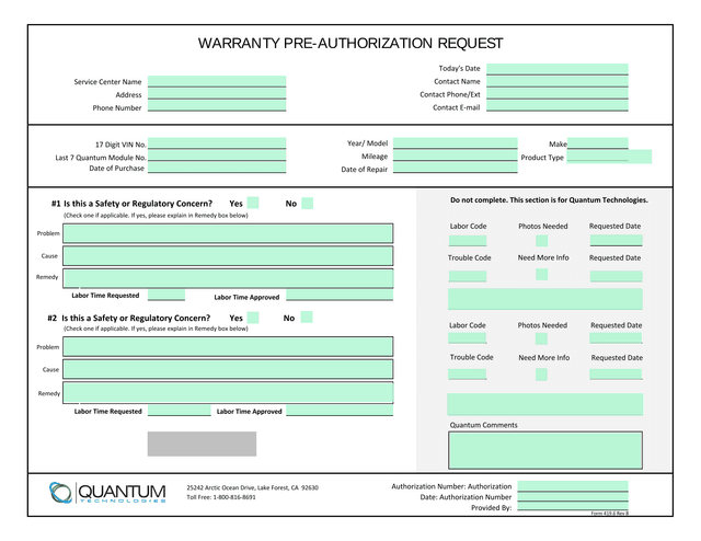 WARRANTY PRE AUTHORIZATION REQUEST screenshot