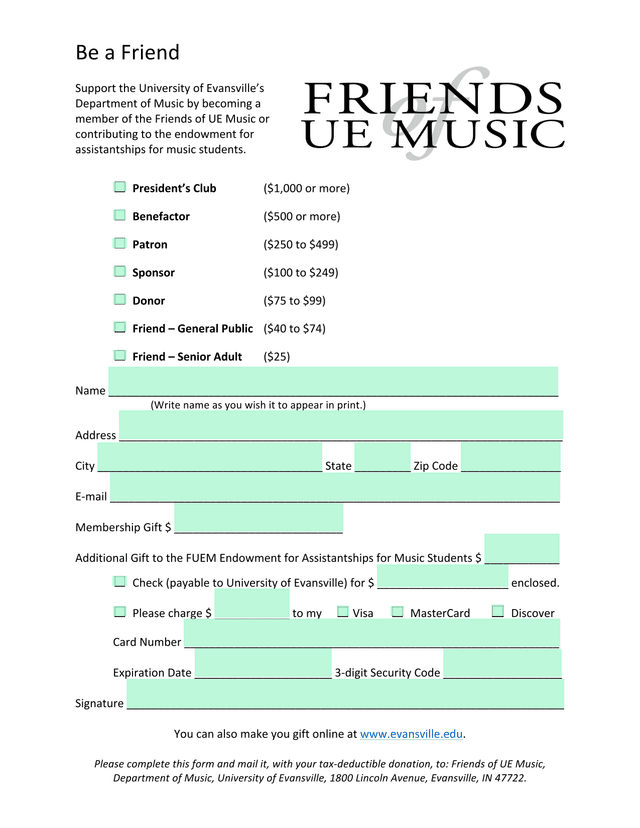 Friends Of UE Music Membership Form screenshot