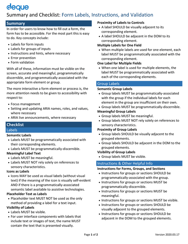 Summary And Checklist Form Labels, Instructions, And Validation screenshot