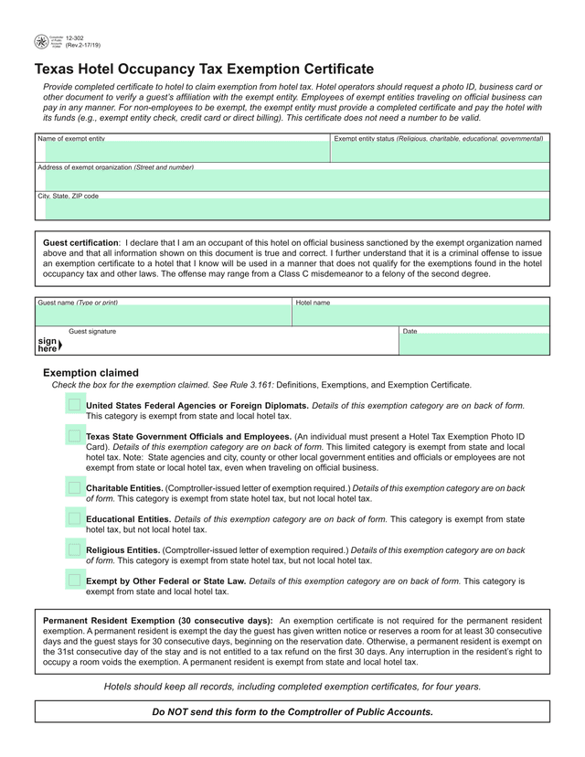Texas Hotel Occupancy Tax Exemption Certificate screenshot