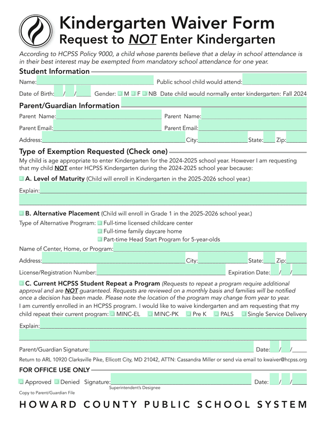Kindergarten Waiver Form screenshot