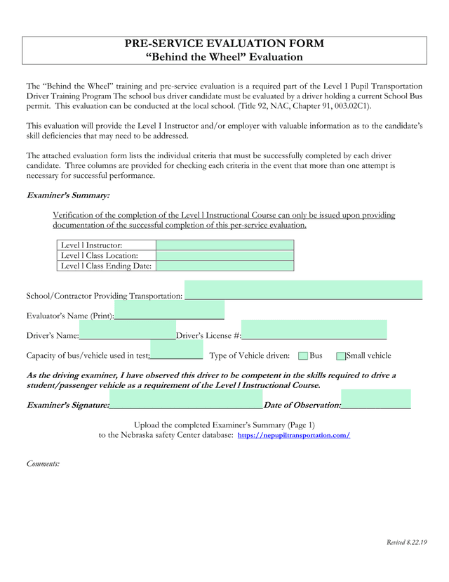 Pre Service Evaluation Form Behind The Wheel Evaluation screenshot
