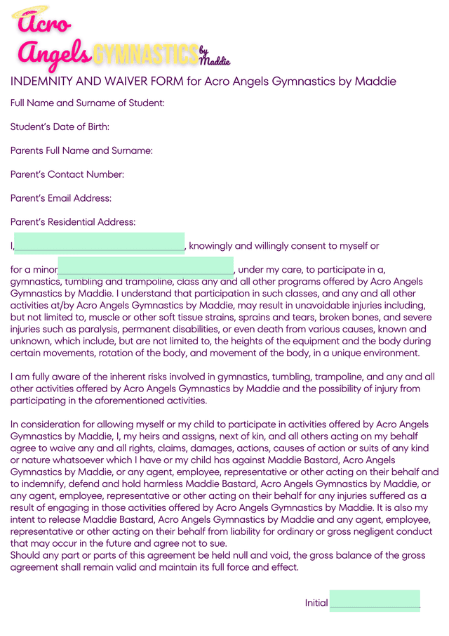 Indemnity And Waiver Form For Acro Angels Gymnastics screenshot
