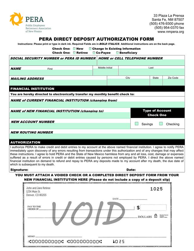 PERA Direct Deposit Authorization Form screenshot