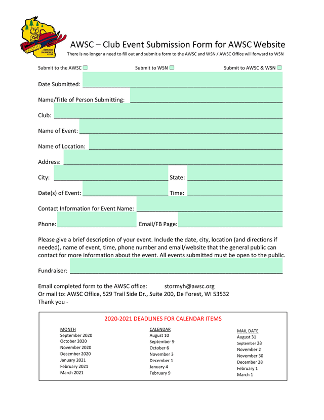 AWSC  Club Event Submission Form For AWSC Website screenshot