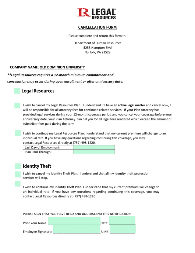 Cancellation Form screenshot