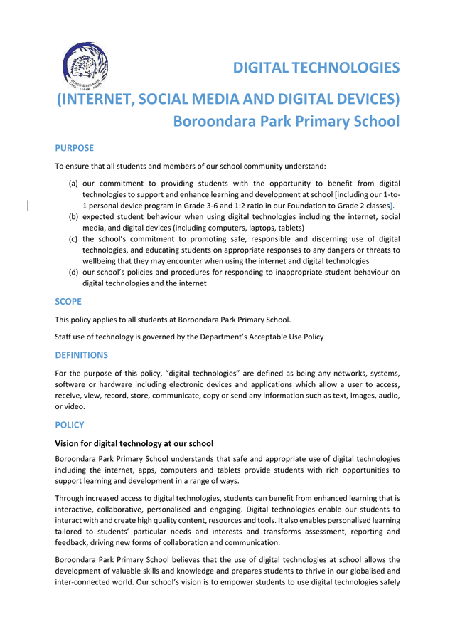 Digital Technologies (Internet, Social Media And Digital Devices) Policy screenshot