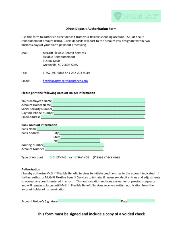 Direct Deposit Authorization Form screenshot