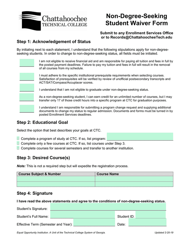 Non Degree Seeking Student Waiver Form screenshot