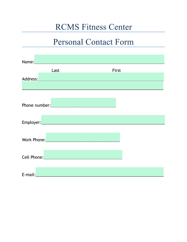 RCMS Fitness Center Personal Contact Form screenshot
