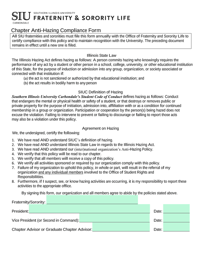 Anti Hazing Compliance Form screenshot