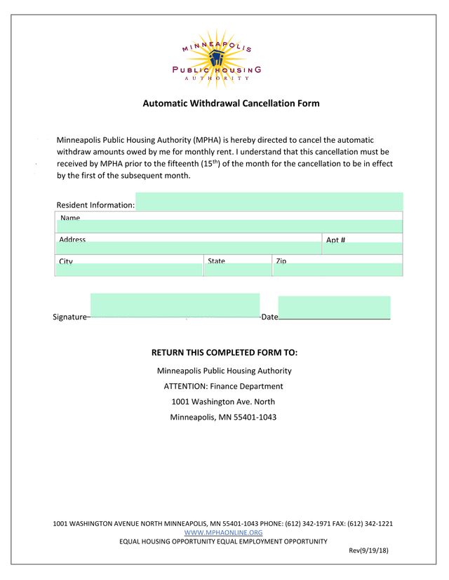 Automatic Withdrawal Cancellation Form screenshot