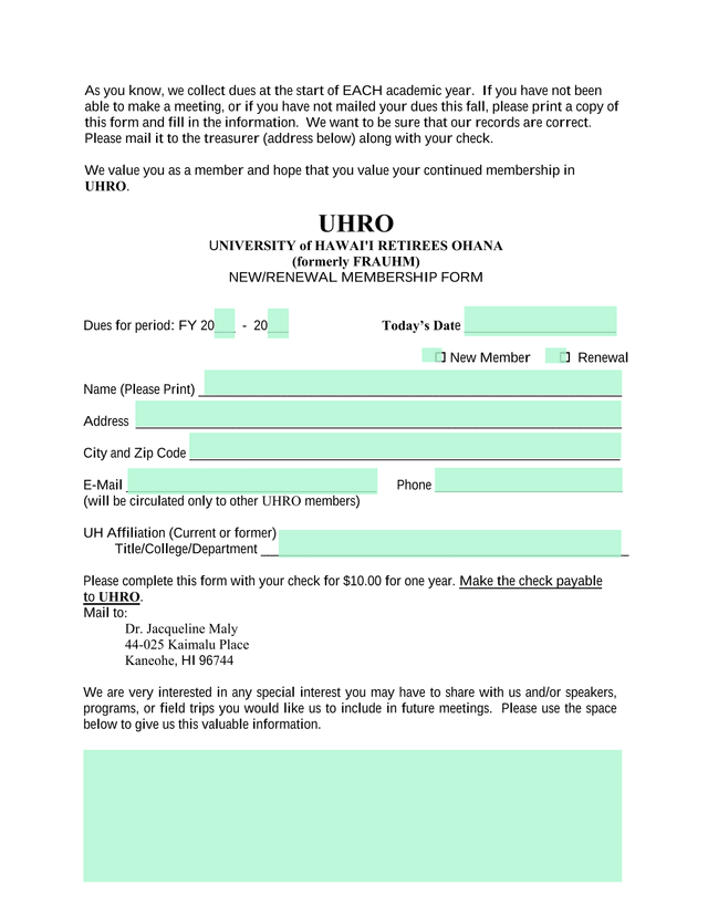 UHRO NEWRENEWAL MEMBERSHIP FORM screenshot