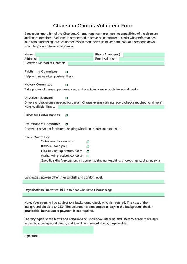 Charisma Chorus Volunteer Form screenshot
