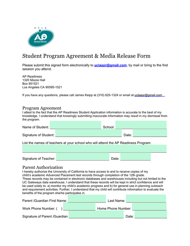 Student Program Agreement  Media Release Form screenshot