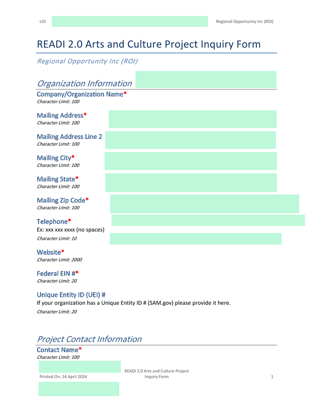 READI 2.0 Arts And Culture Project Inquiry Form screenshot