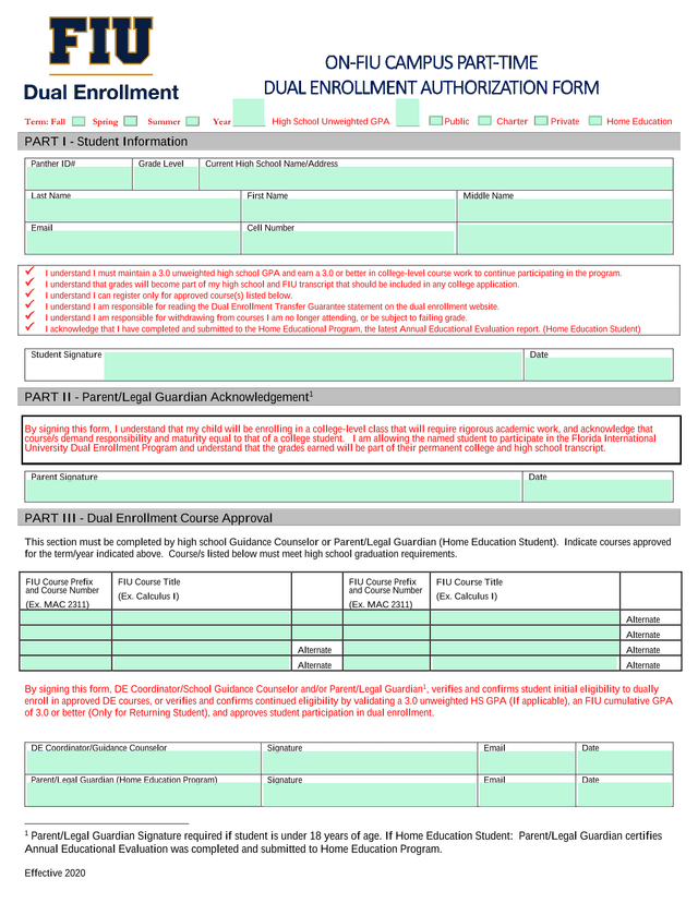 ON FIU CAMPUS PART TIME DUAL ENROLLMENT AUTHORIZATION FORM screenshot