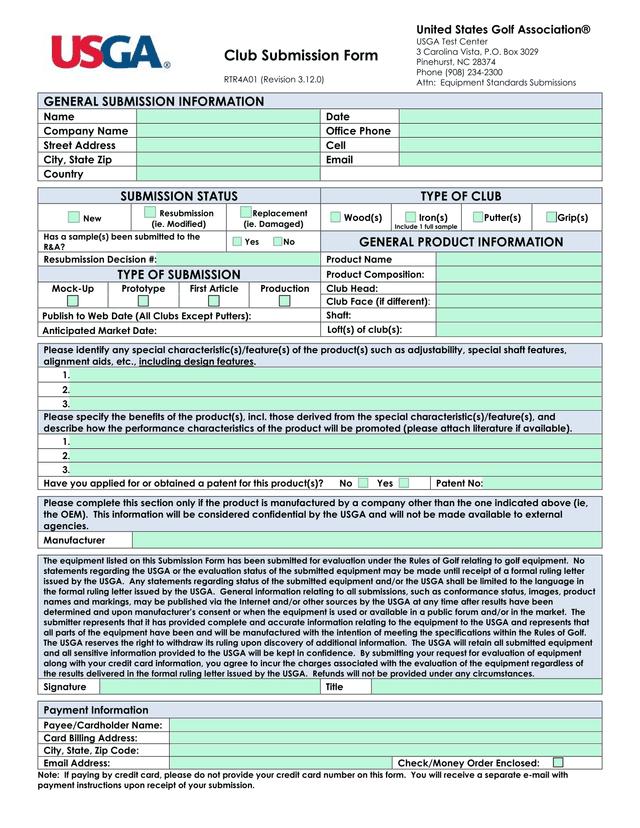 Golf Equipment Submission Form screenshot