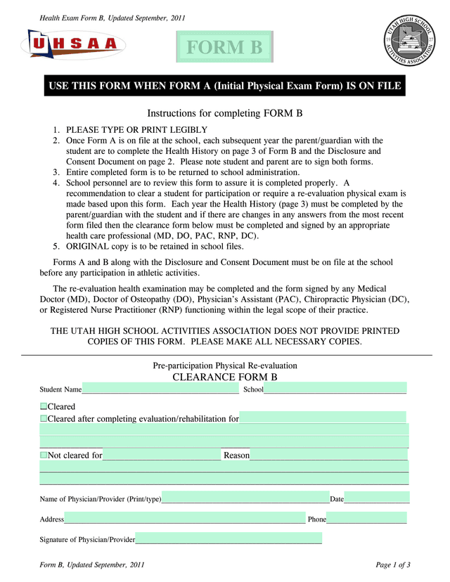 Health Exam Form B screenshot
