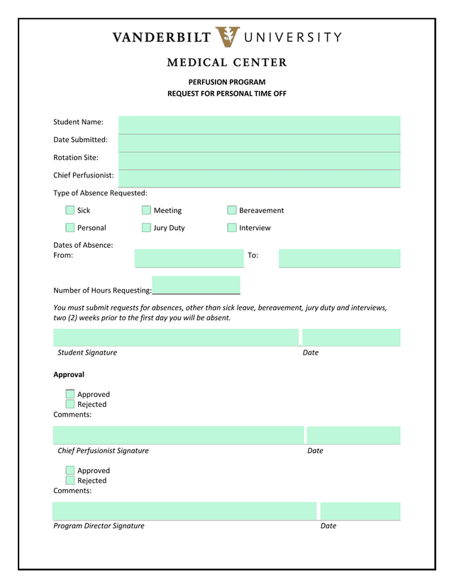 PERFUSION PROGRAM REQUEST FOR PERSONAL TIME OFF screenshot