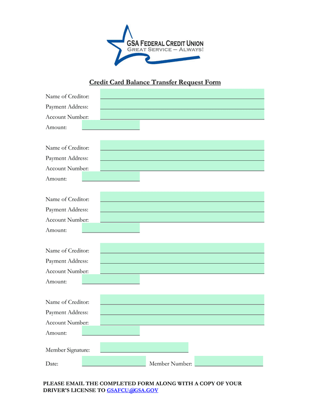 Credit Card Balance Transfer Request Form screenshot