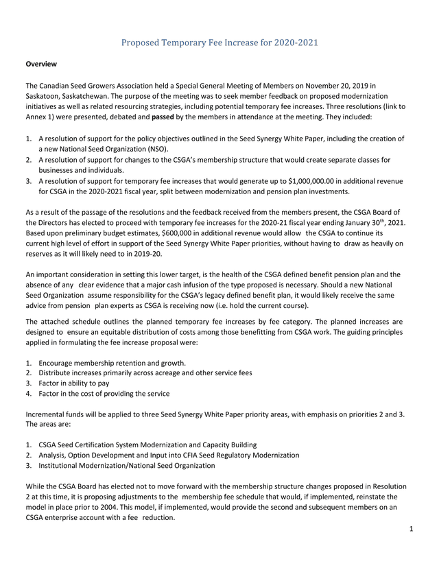 Proposed Temporary Fee Increase For 2020 2021 screenshot