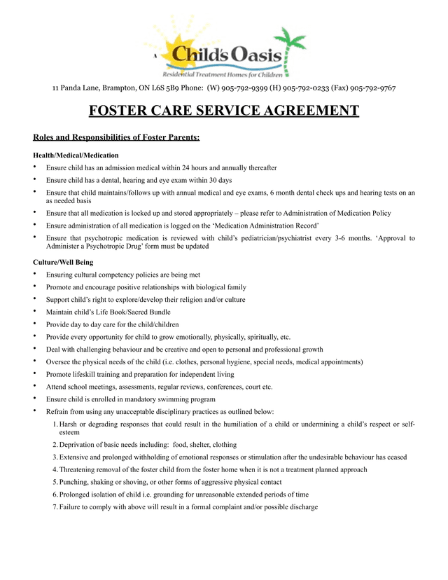 Foster Care Service Agreement screenshot