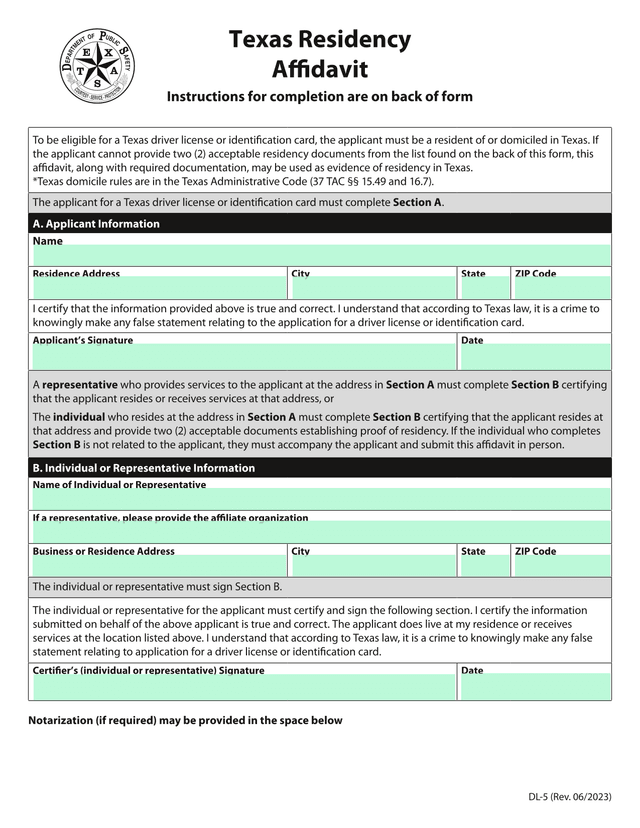 Texas Residency Affidavit screenshot