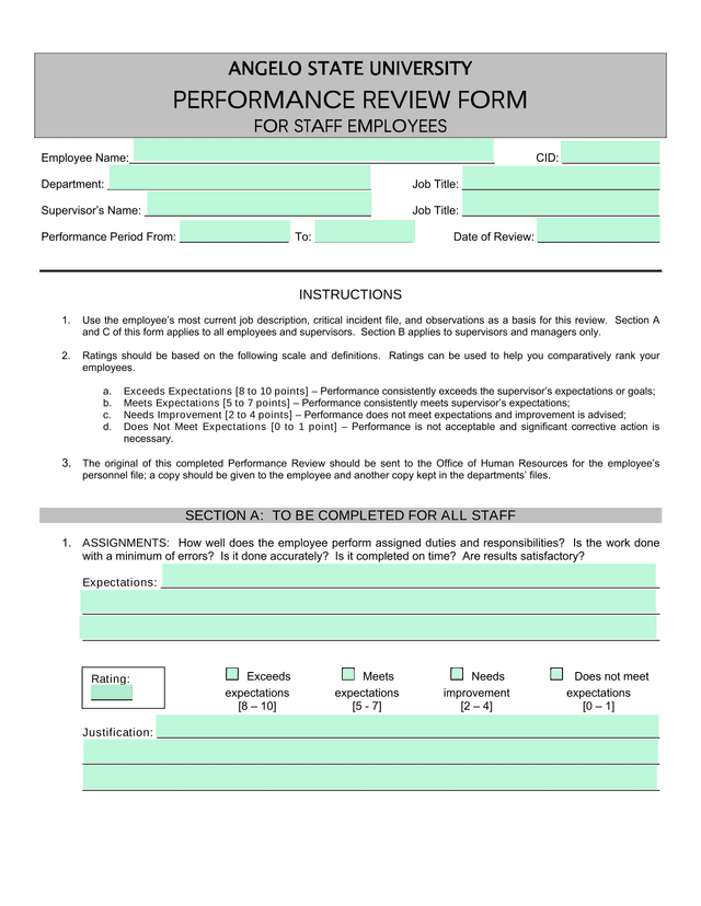 Angelo State University Performance Review Form For Staff Employees screenshot
