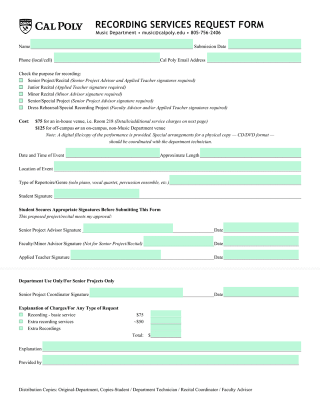 Recording Services Request Form screenshot