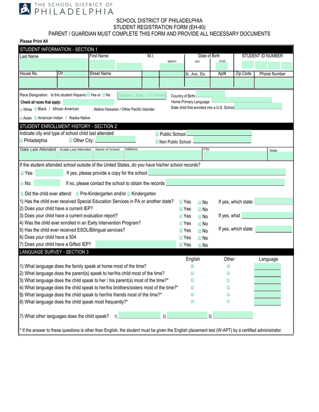 School District Of Philadelphia Student Registration Form (EH 40) screenshot